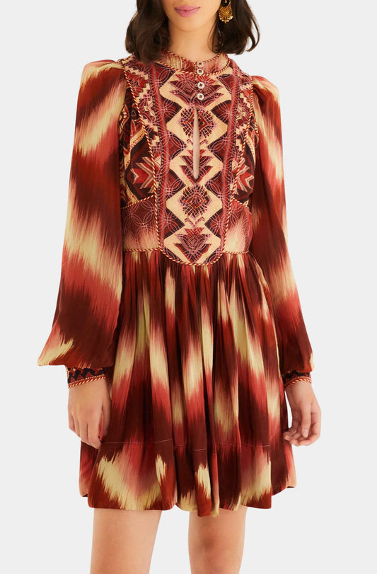 Amanda Stripes Tapestry Red Matelasse Long Sleeve Dress