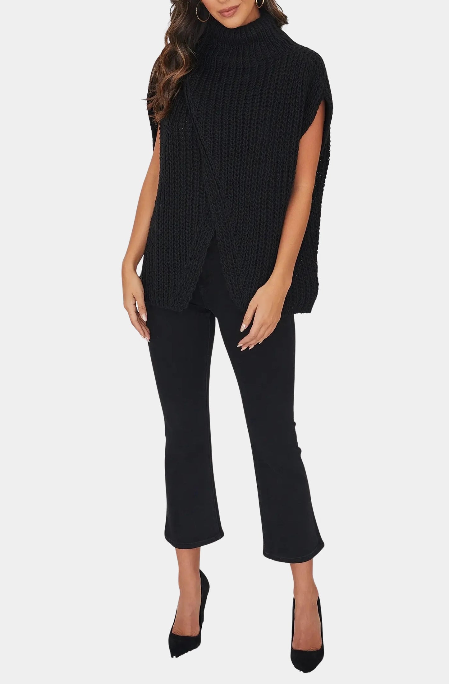 Knit Mock Neck Sleeveless Poncho