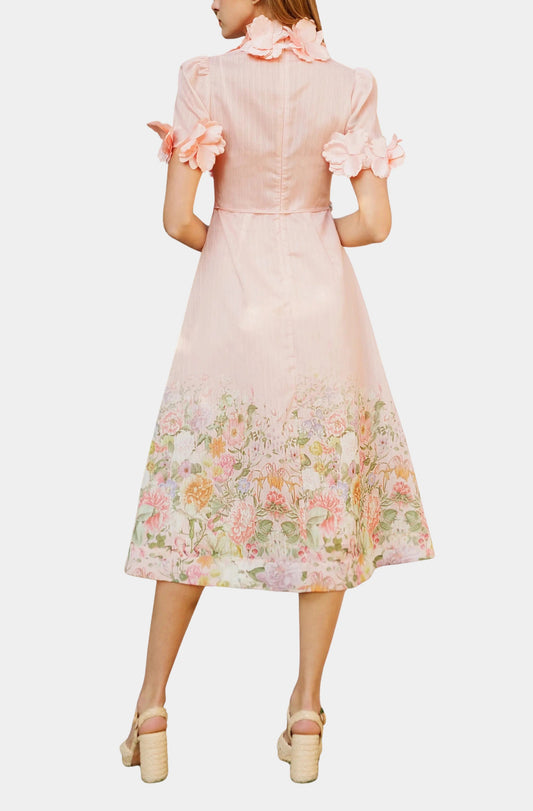 3D Floral High Neck Short Sleeve Midi Dress