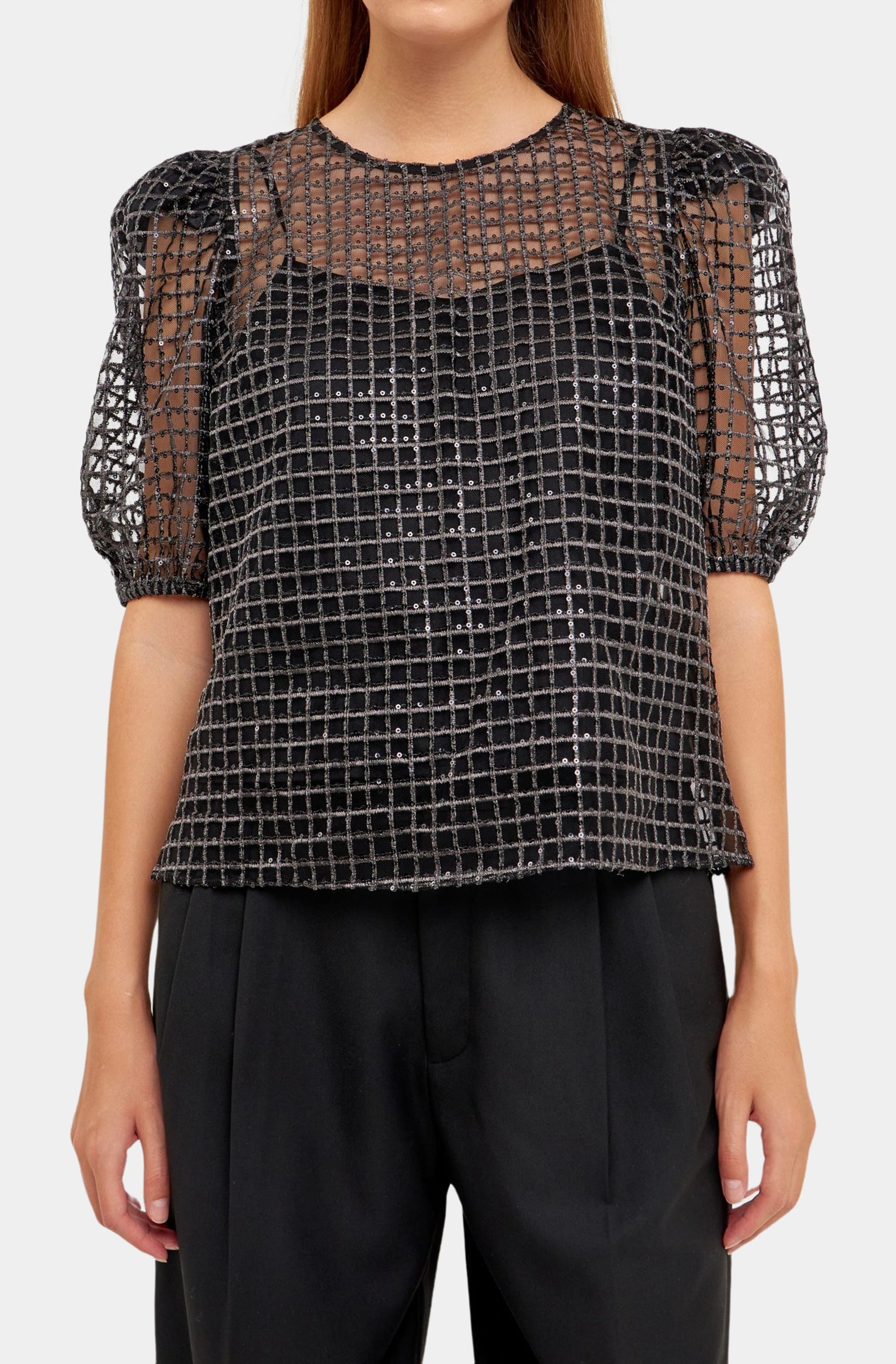 Sequins Mesh Grid Top