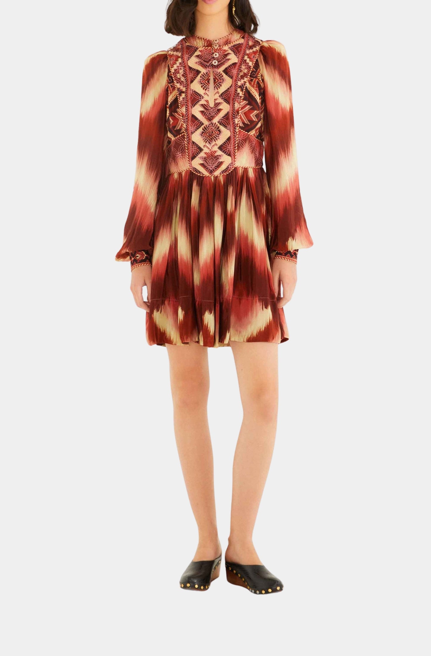 Amanda Stripes Tapestry Red Matelasse Long Sleeve Dress