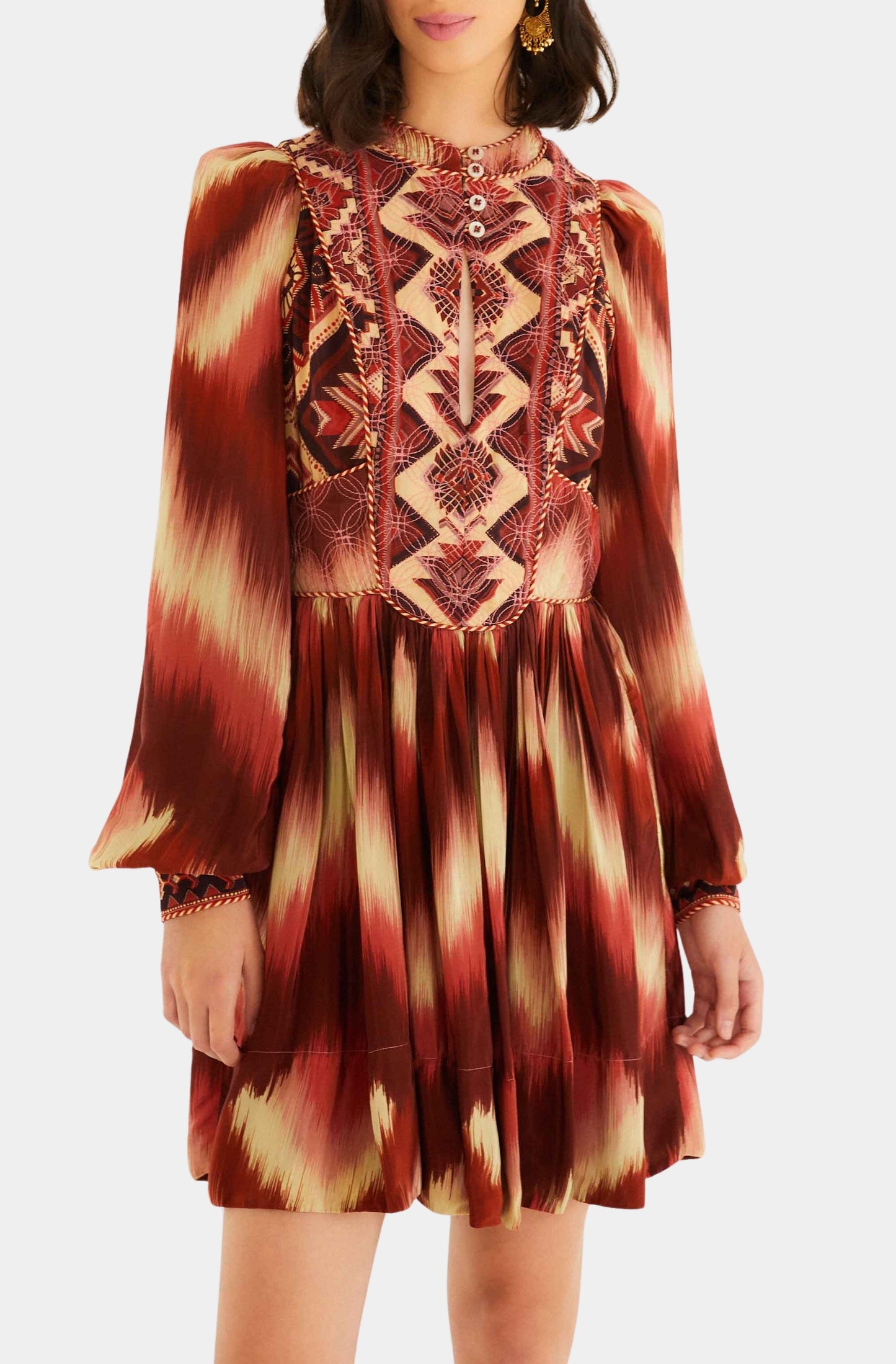 Amanda Stripes Tapestry Red Matelasse Long Sleeve Dress