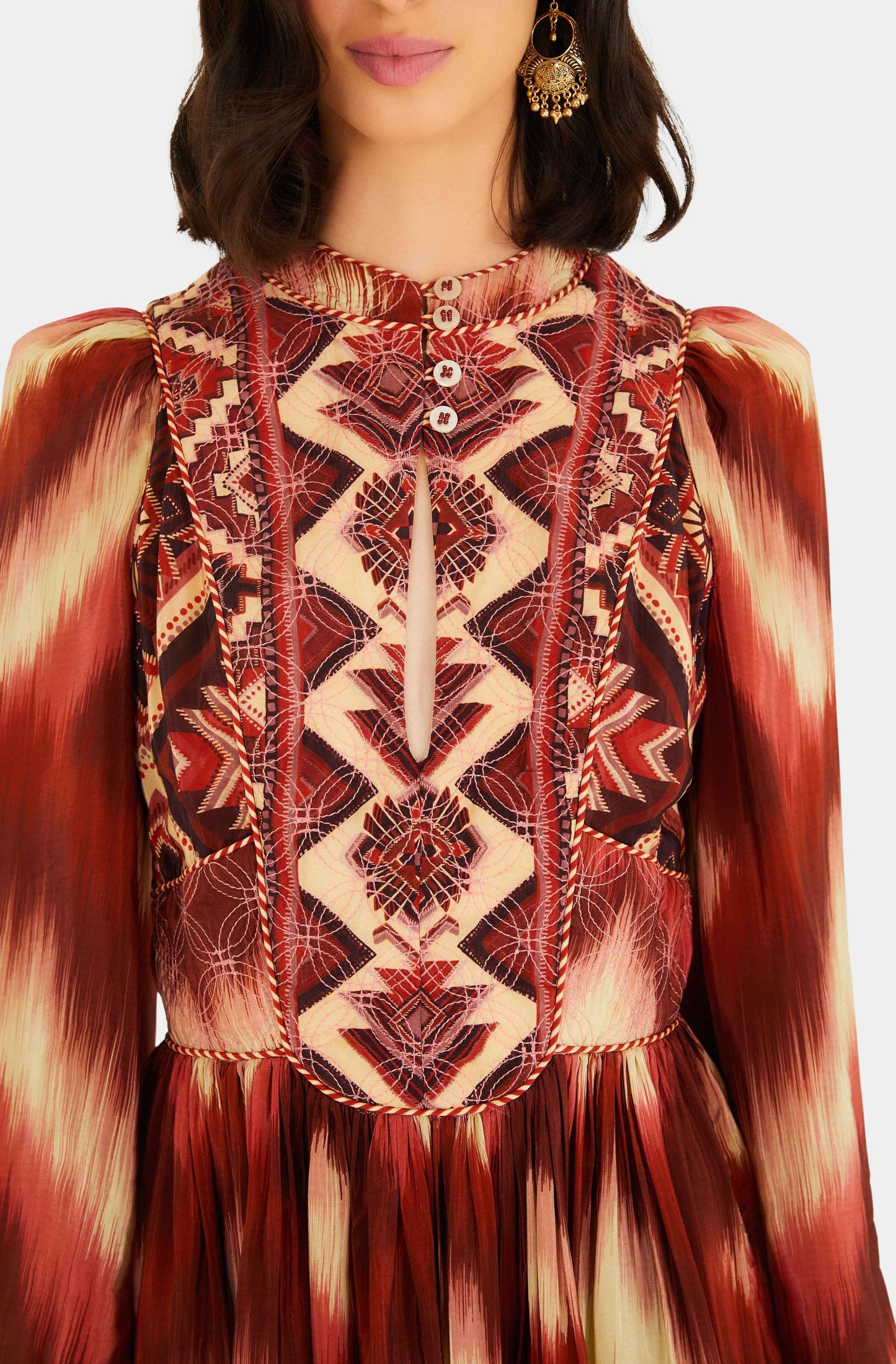 Amanda Stripes Tapestry Red Matelasse Long Sleeve Dress