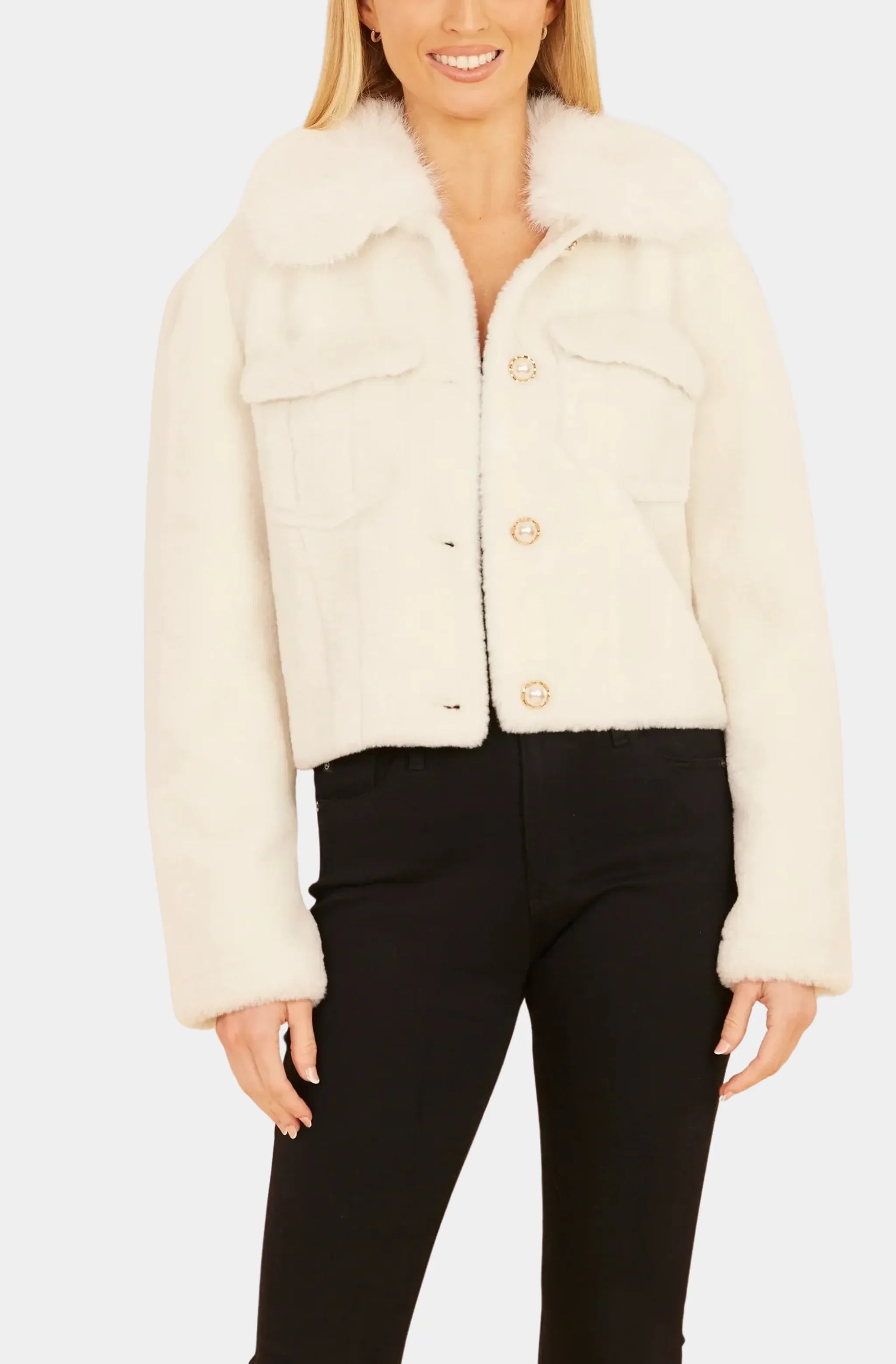 Faux Fur Pearl Button Jacket