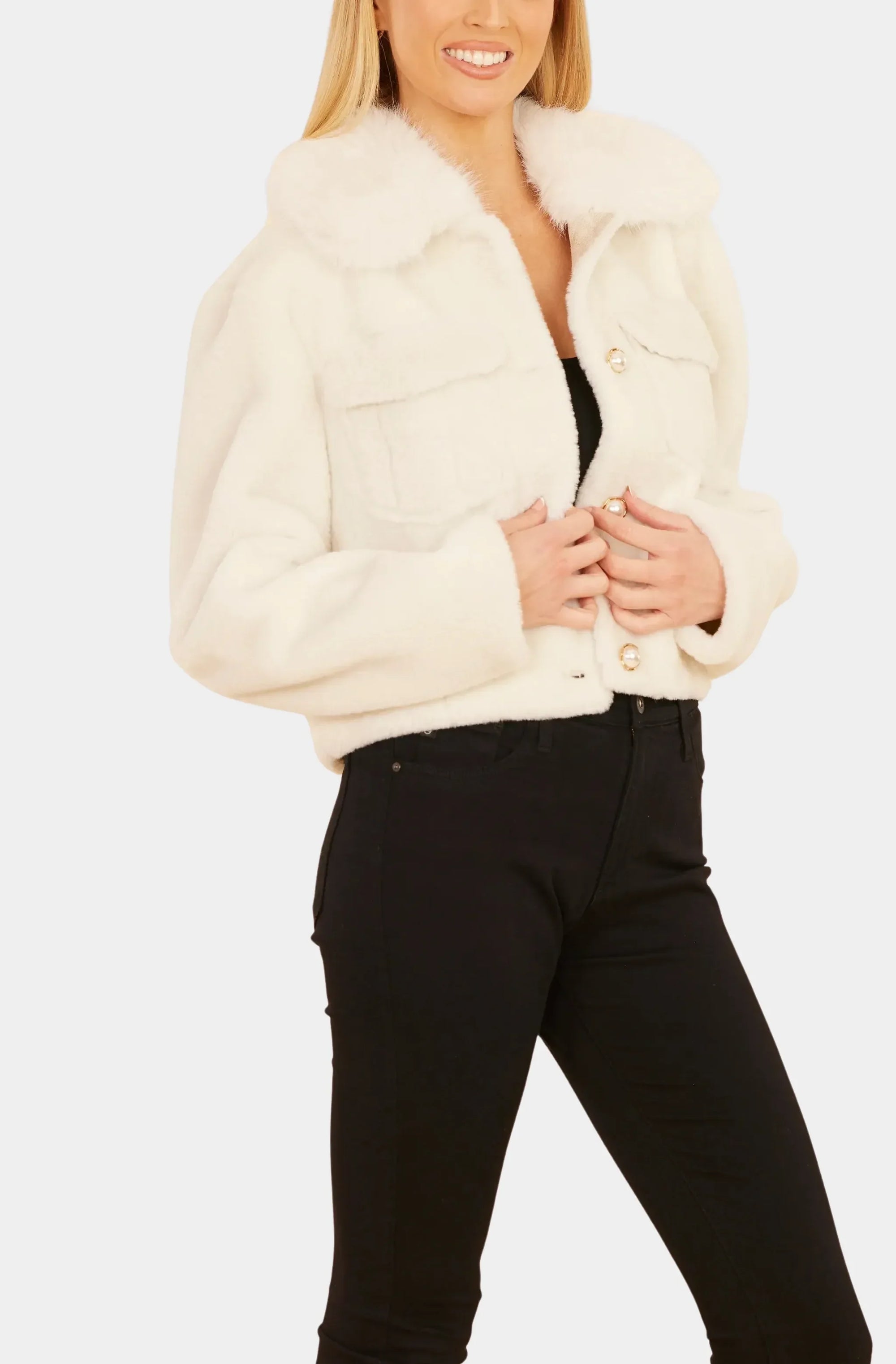 Faux Fur Pearl Button Jacket