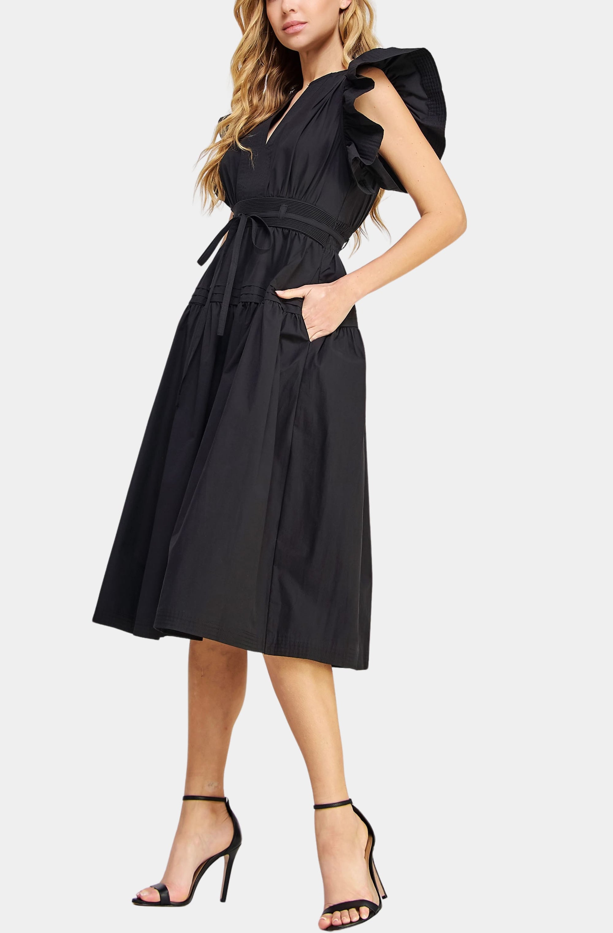 Flutter Sleeve Poplin Midi Dress