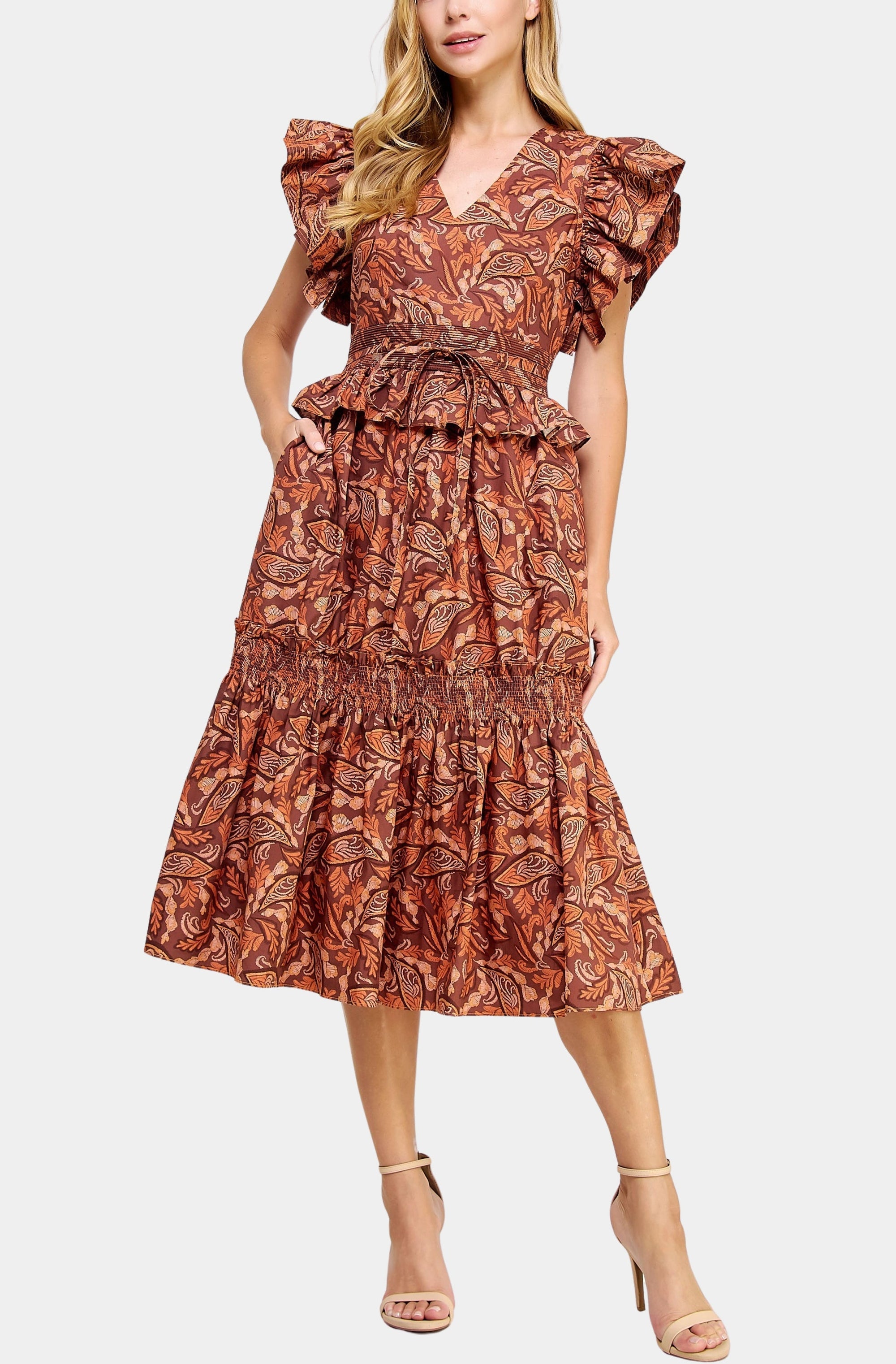 Printed Flutter Sleeve Poplin Midi Dress