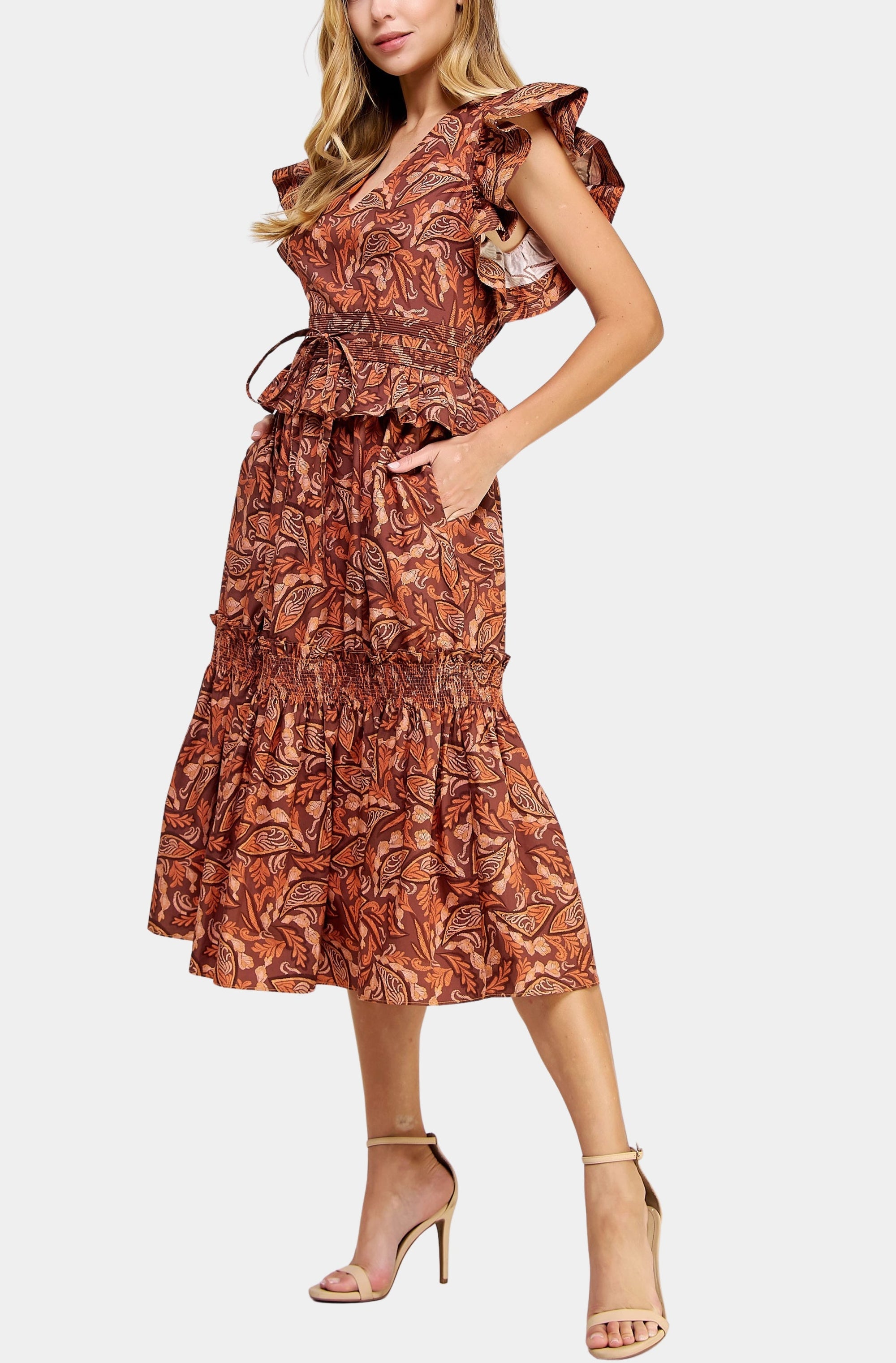 Printed Flutter Sleeve Poplin Midi Dress