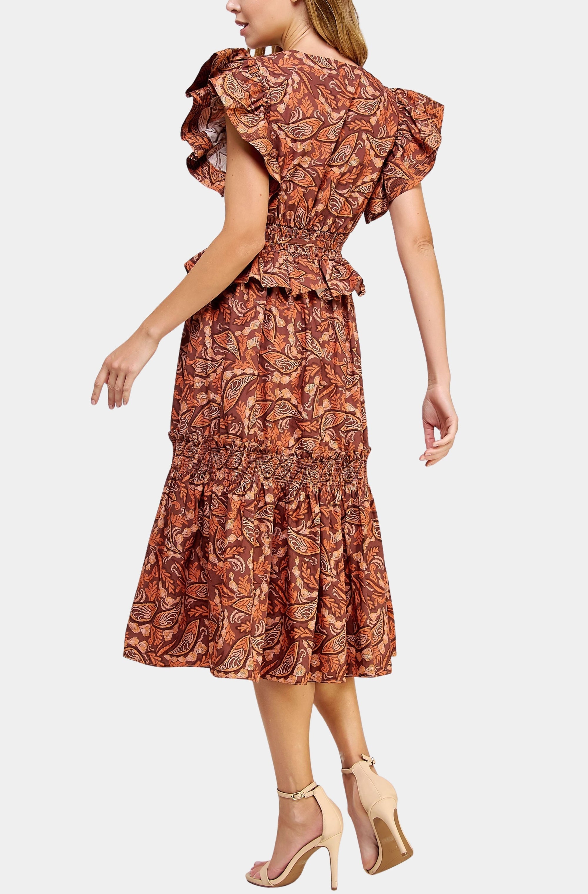 Printed Flutter Sleeve Poplin Midi Dress