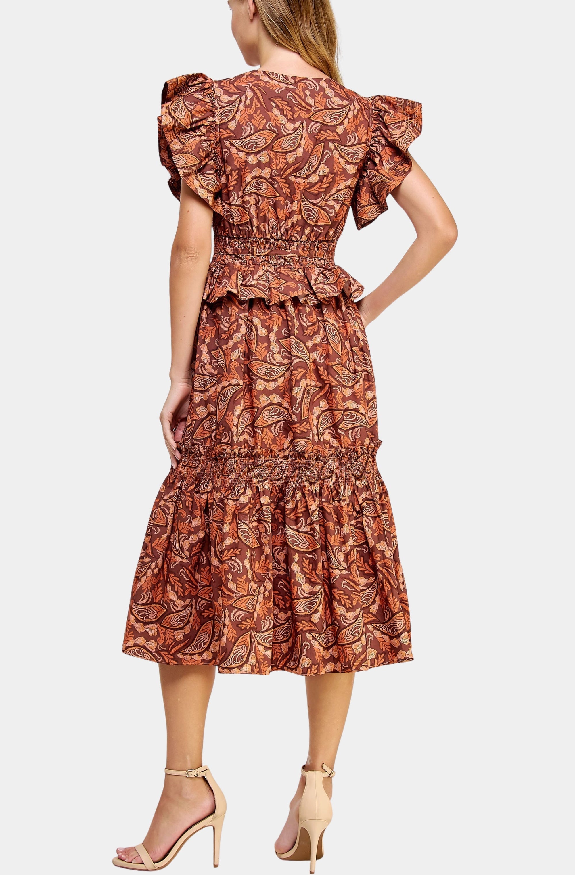 Printed Flutter Sleeve Poplin Midi Dress