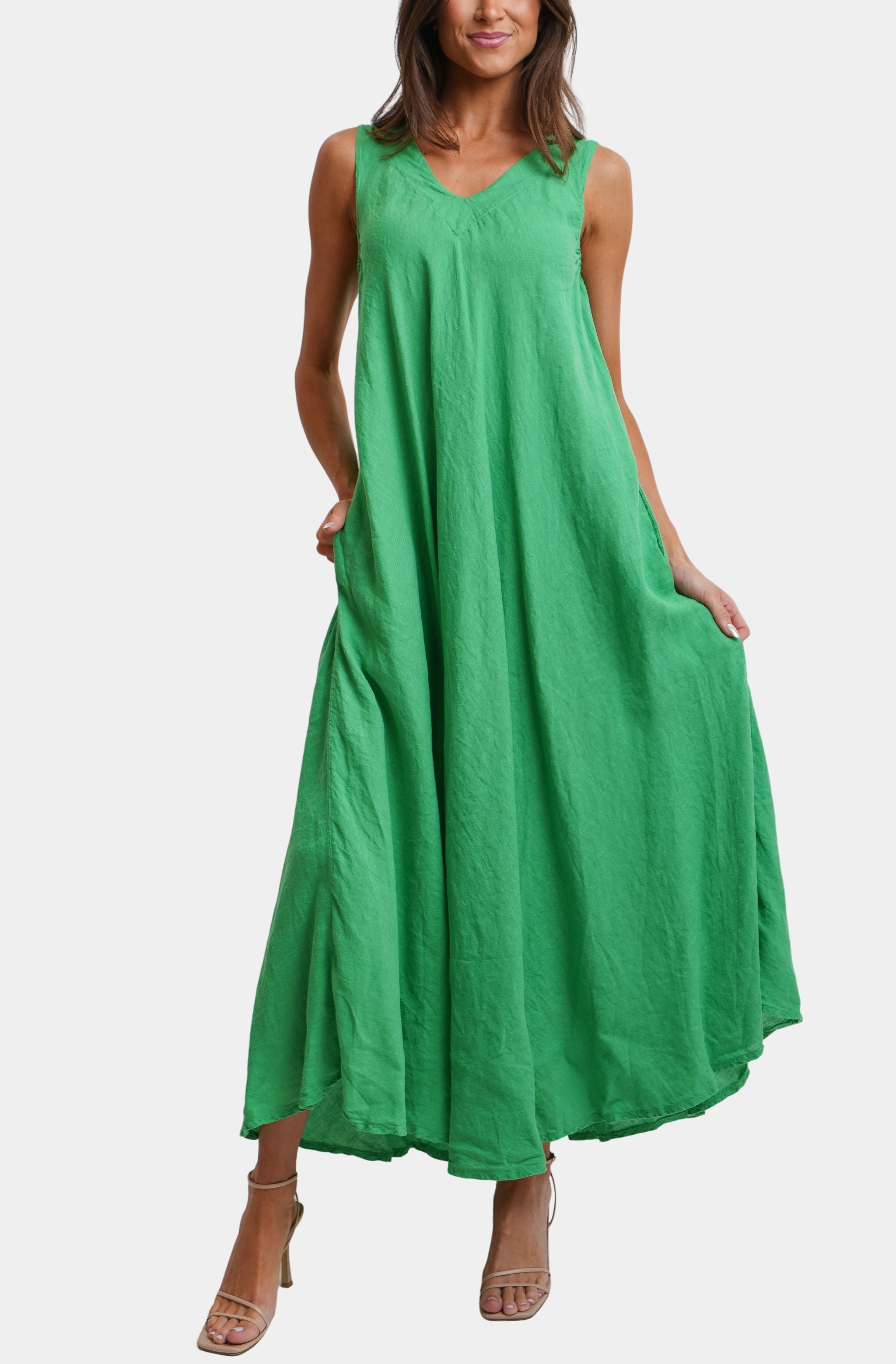 Linen V-Neck/Back Maxi Tank Dress With Pockets Hemline Huntsville Linen V-Neck/Back Maxi Tank Dress With Pockets Hemline Huntsville