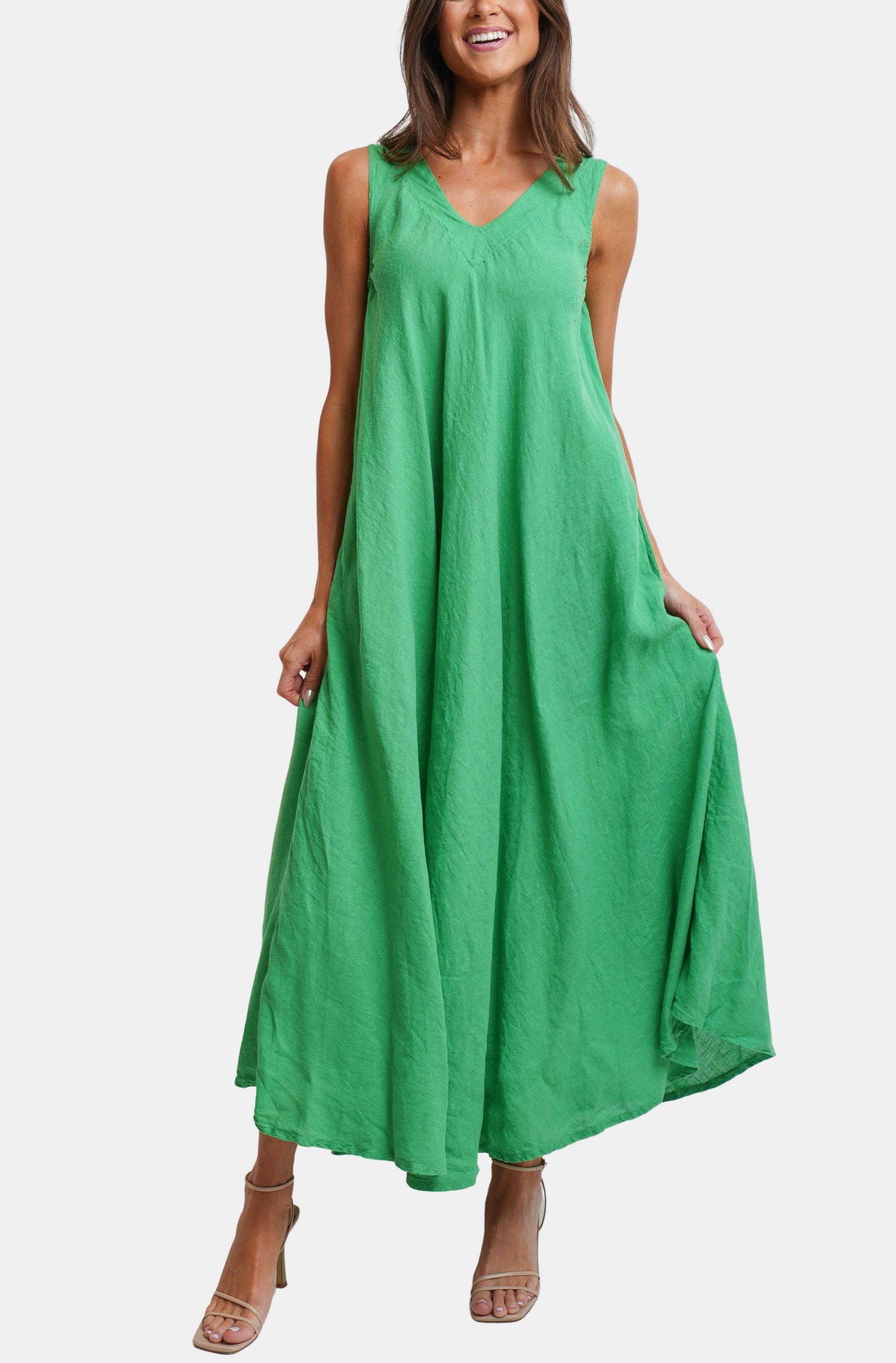 Linen V-Neck/Back Maxi Tank Dress With Pockets Hemline Huntsville Linen V-Neck/Back Maxi Tank Dress With Pockets Hemline Huntsville