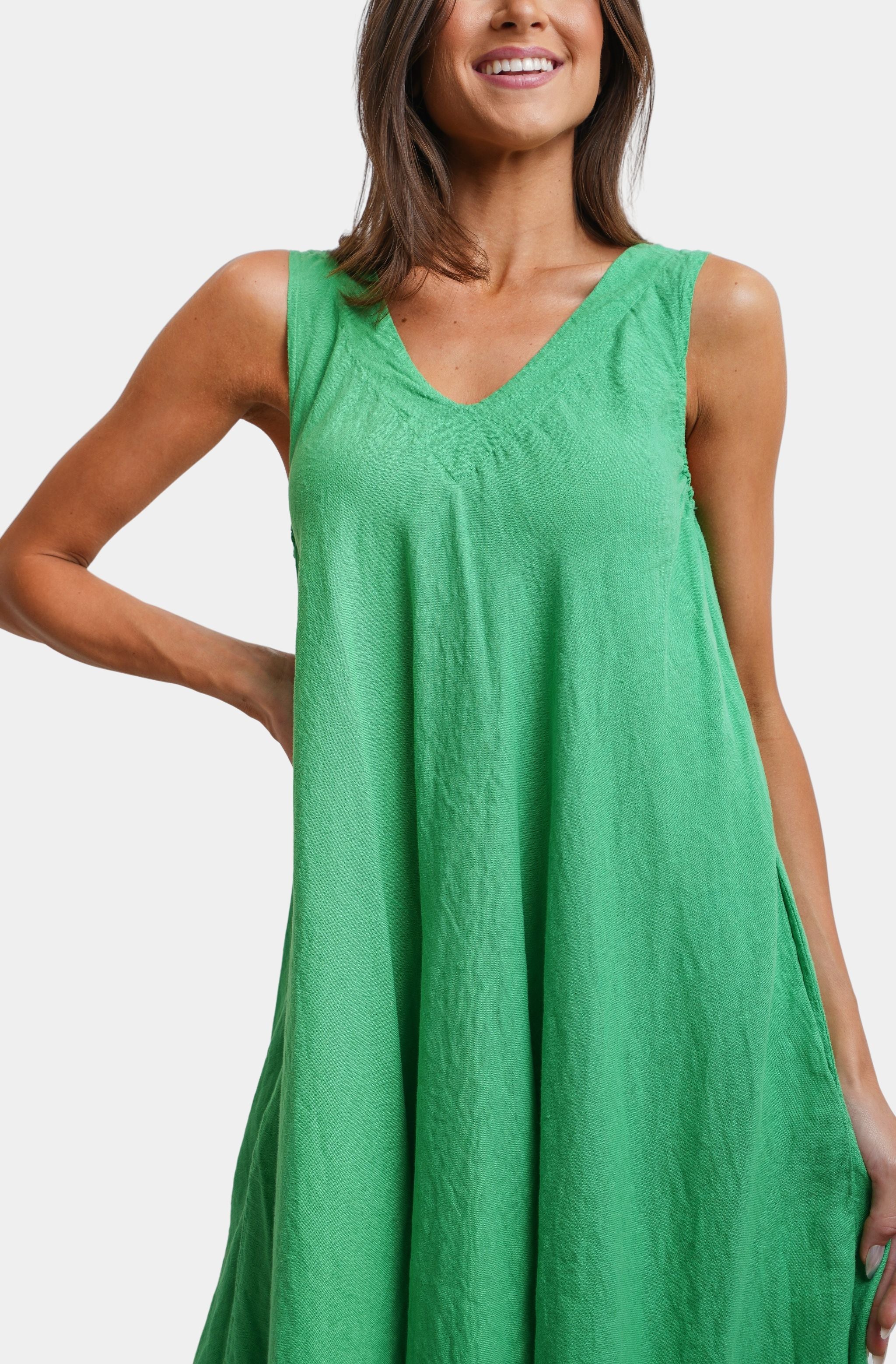 Linen V-Neck/Back Maxi Tank Dress With Pockets Hemline Huntsville Linen V-Neck/Back Maxi Tank Dress With Pockets Hemline Huntsville