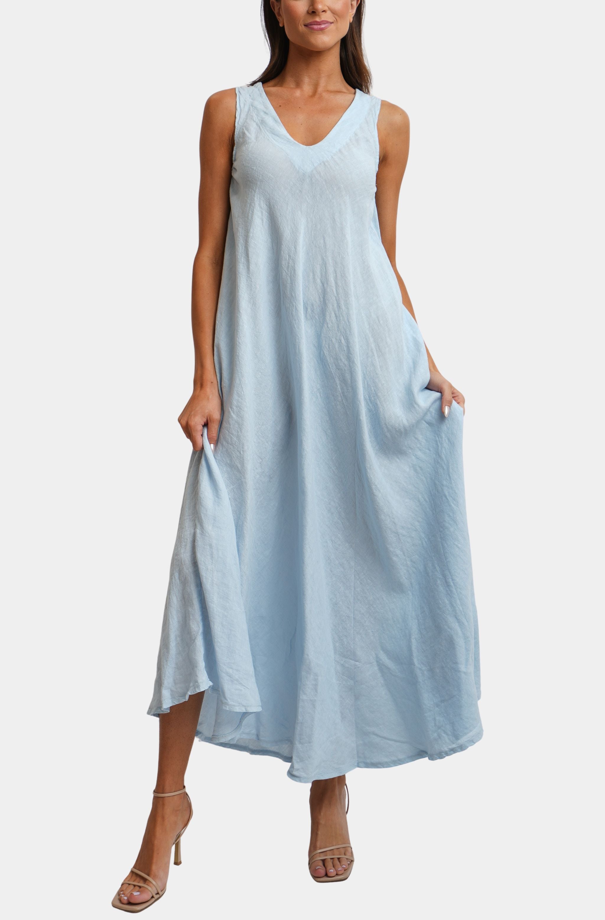 Linen V-Neck/Back Maxi Tank Dress With Pockets Hemline Huntsville Linen V-Neck/Back Maxi Tank Dress With Pockets Hemline Huntsville