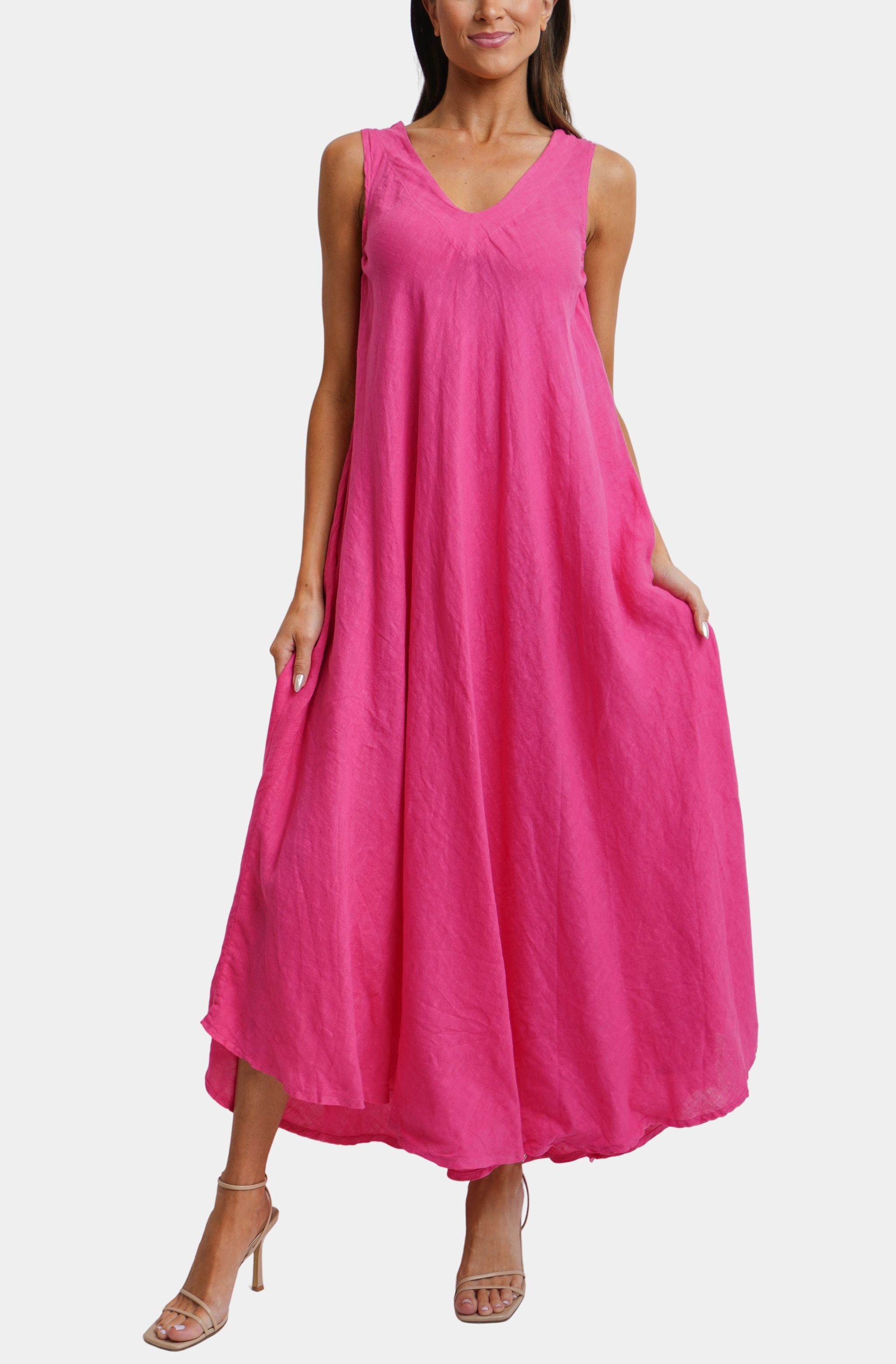 Linen V-Neck/Back Maxi Tank Dress With Pockets Hemline Huntsville Linen V-Neck/Back Maxi Tank Dress With Pockets Hemline Huntsville