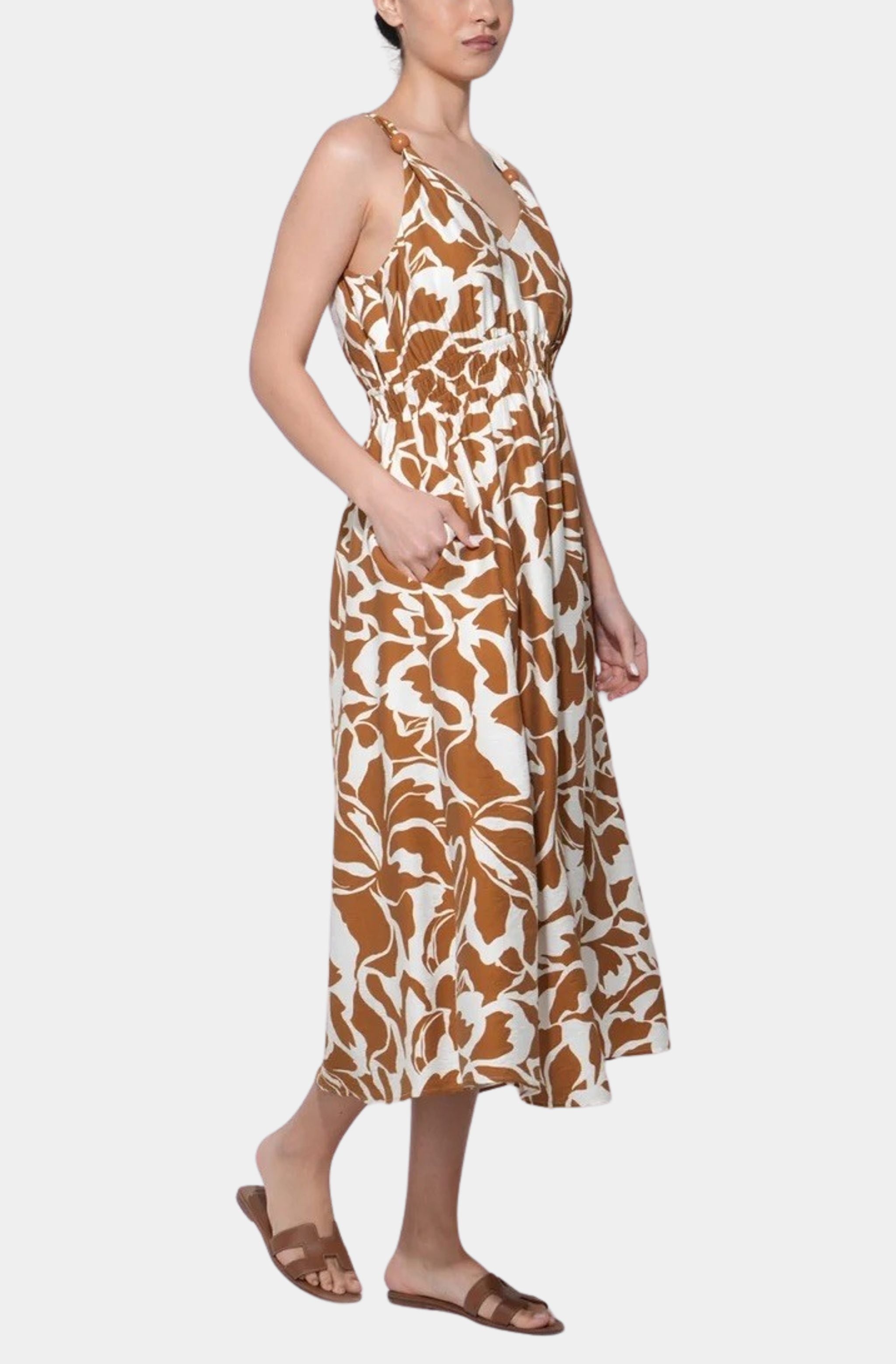 Kiana V Neck Midi Dress with Wood Trim