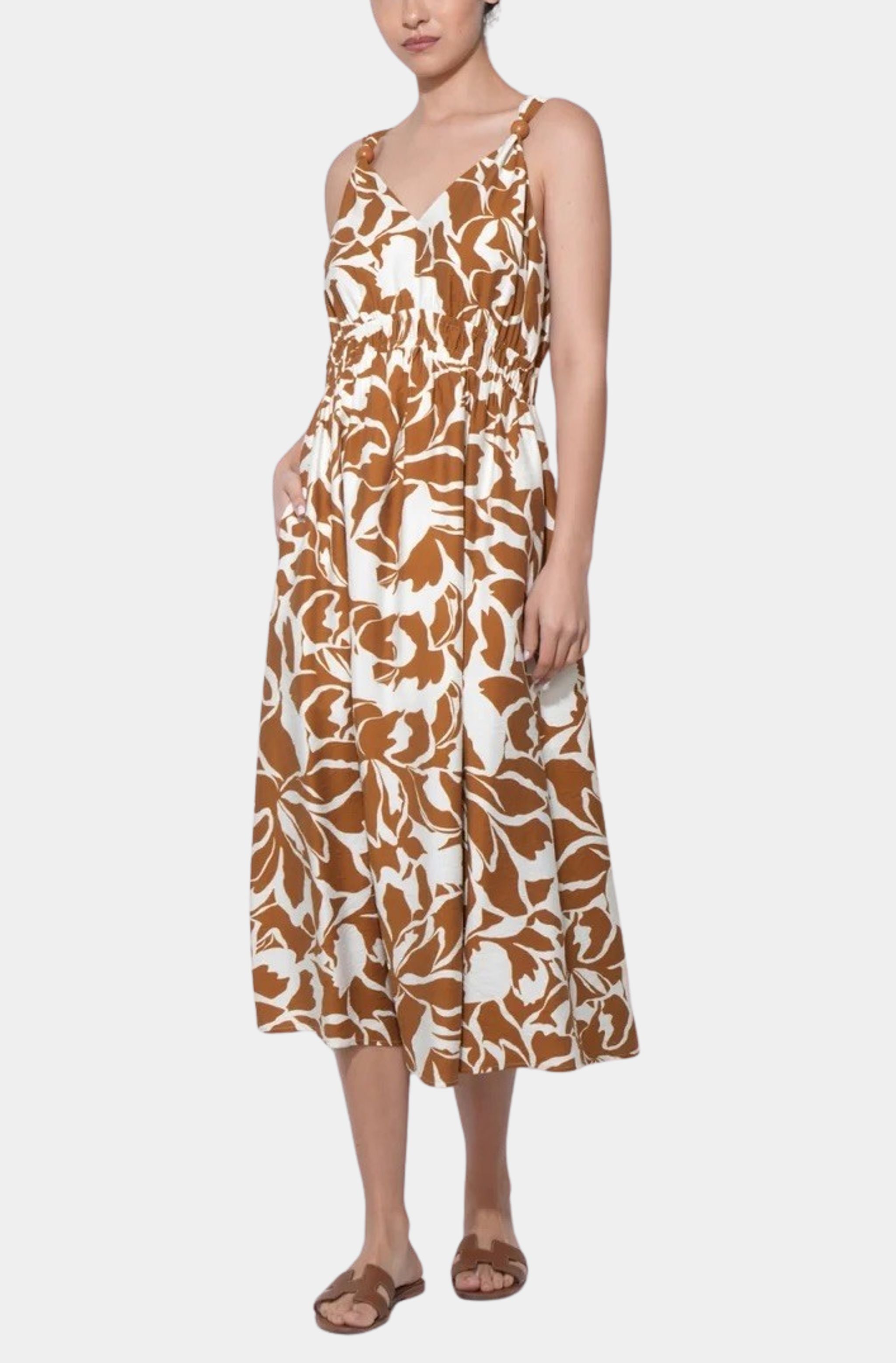 Kiana V Neck Midi Dress with Wood Trim