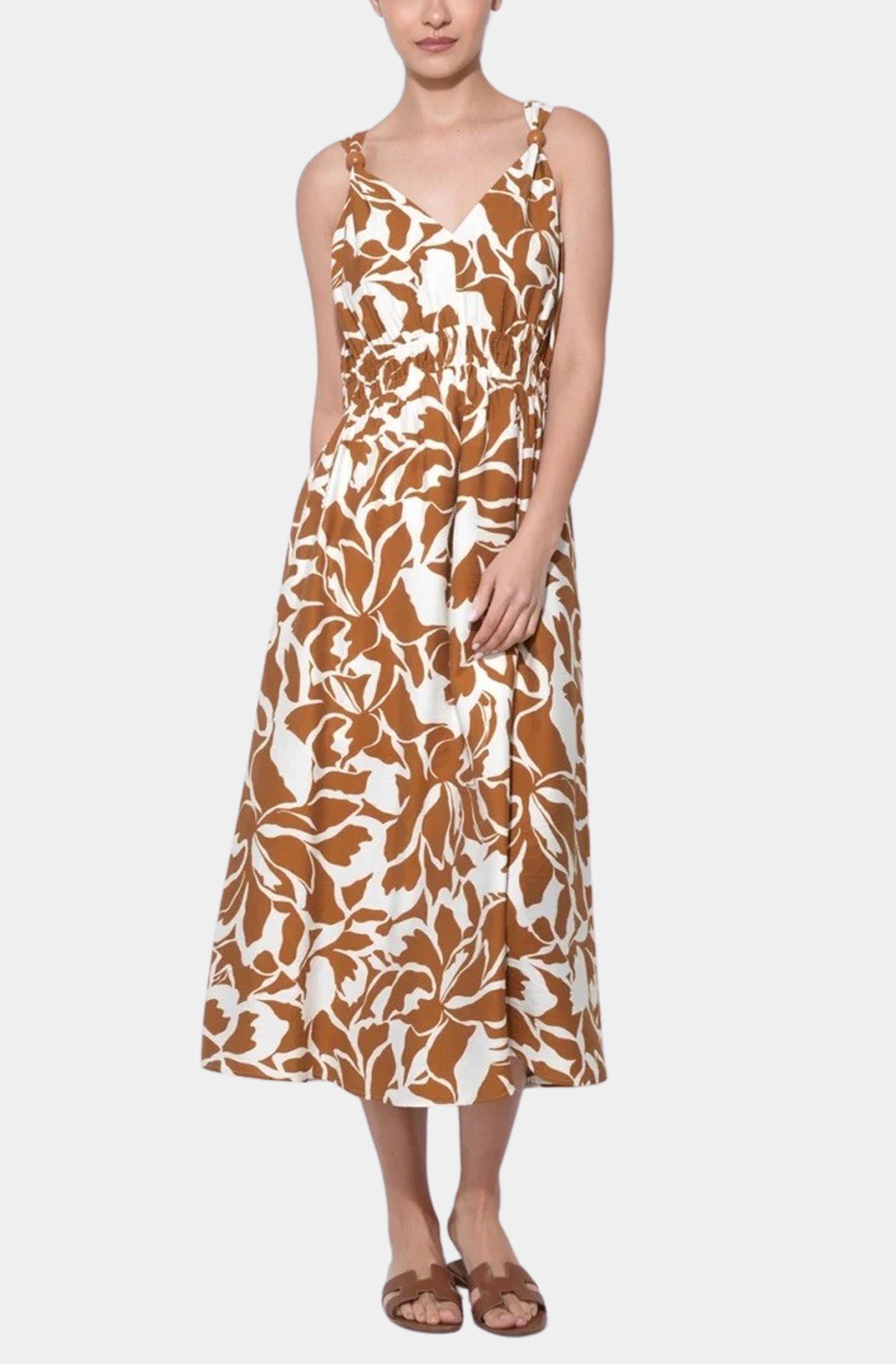 Kiana V Neck Midi Dress with Wood Trim