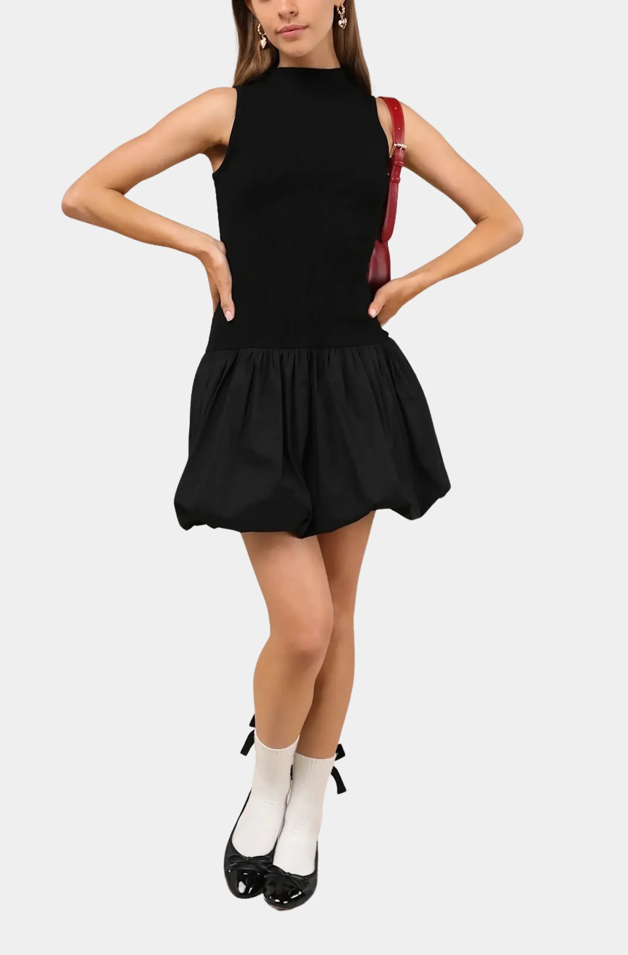 Ensured Elevation Mock Neck Bubble Hem Mini Dress