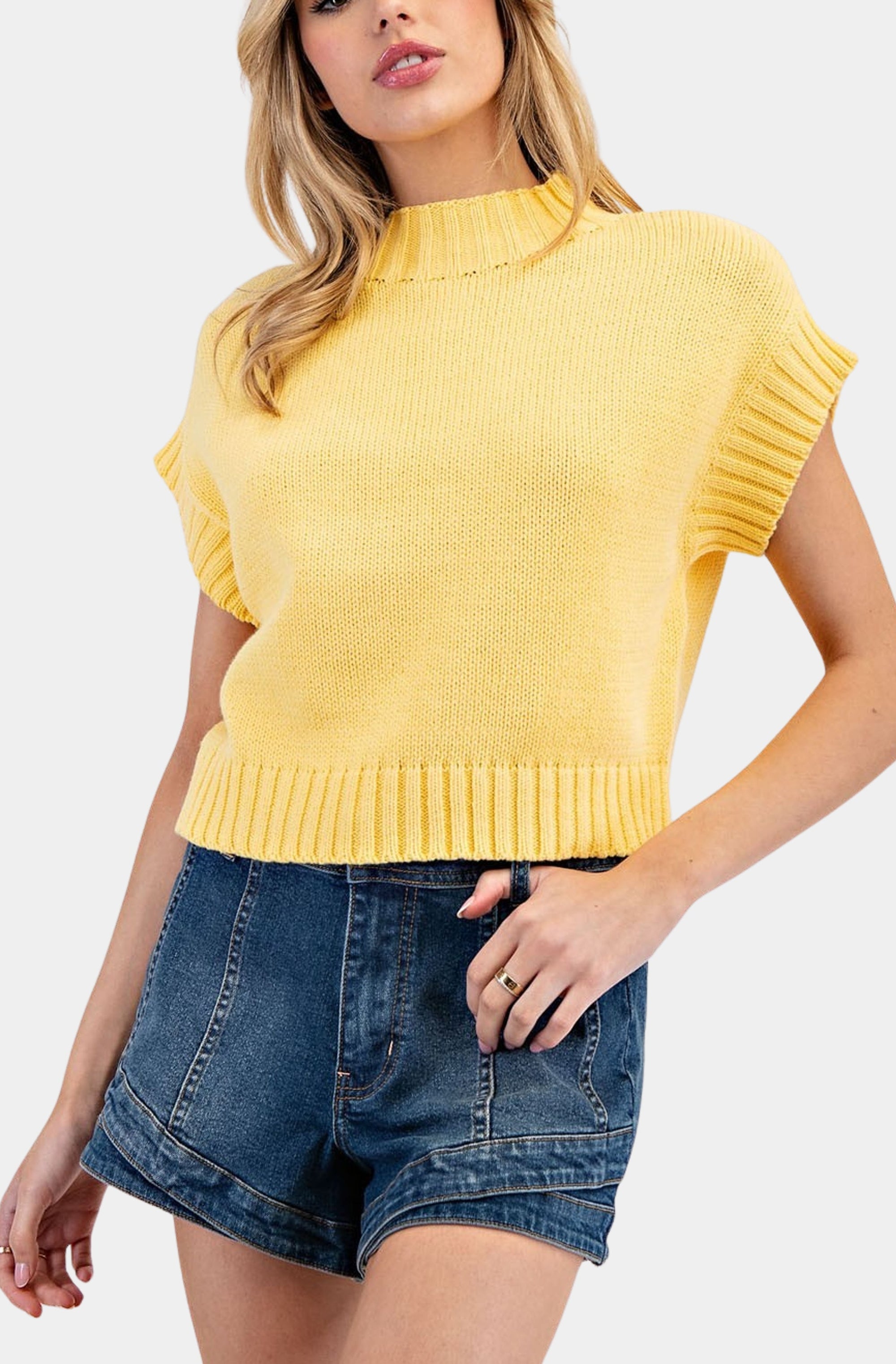 Mock Neck Cropped Short Sleeve Sweater Top