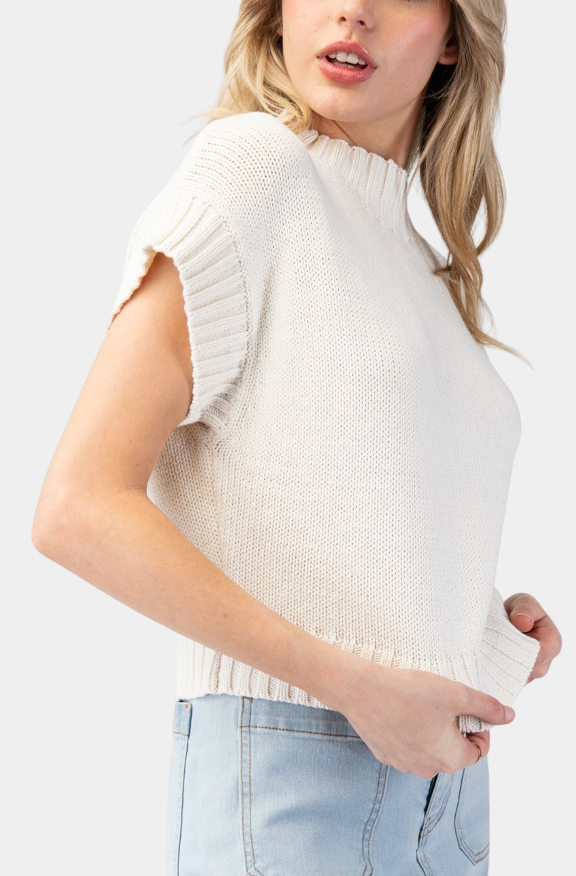 Mock Neck Cropped Short Sleeve Sweater Top