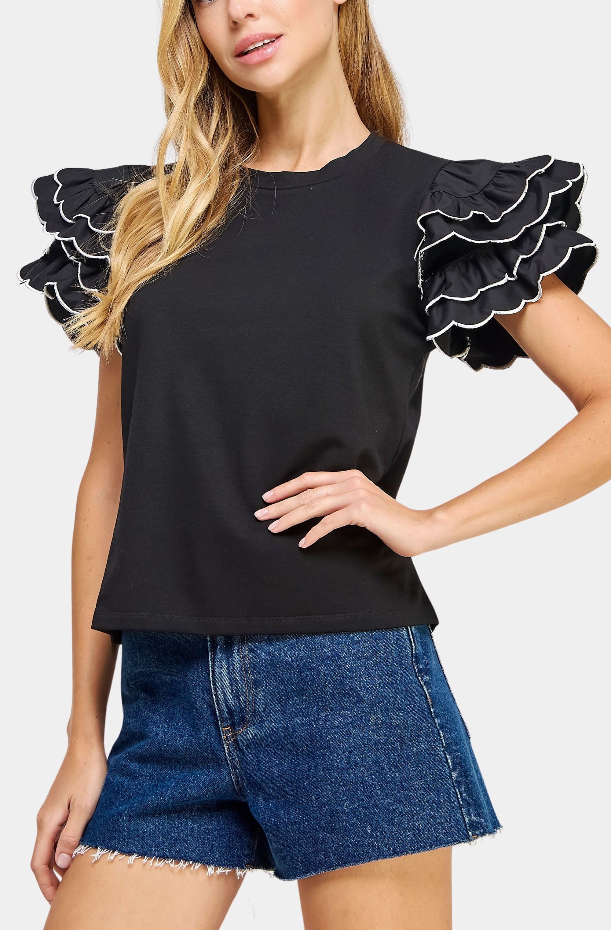 Embroidered Scallop Ruffled Knit Tee Top