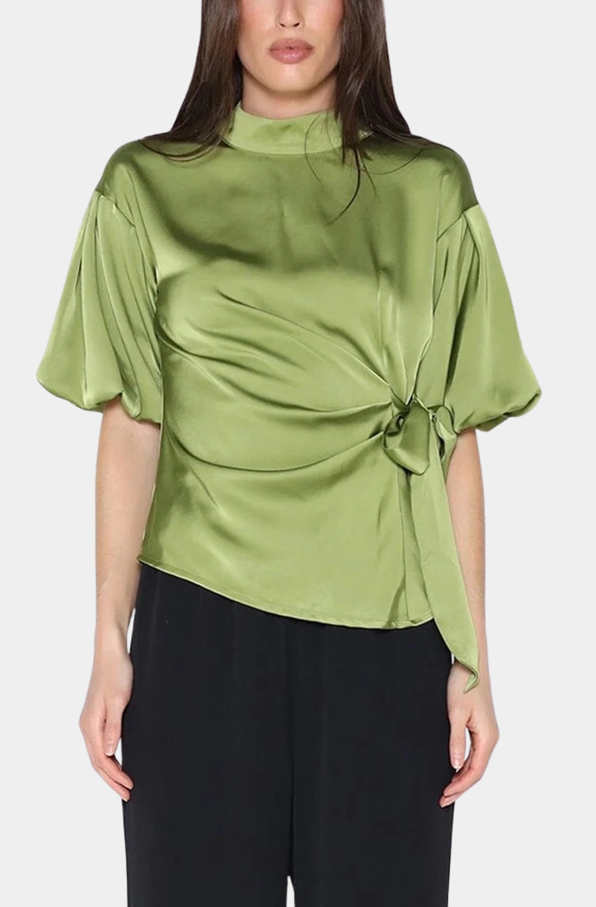 Side Twist Knot Mock Neck Puff Sleeve Satin Top