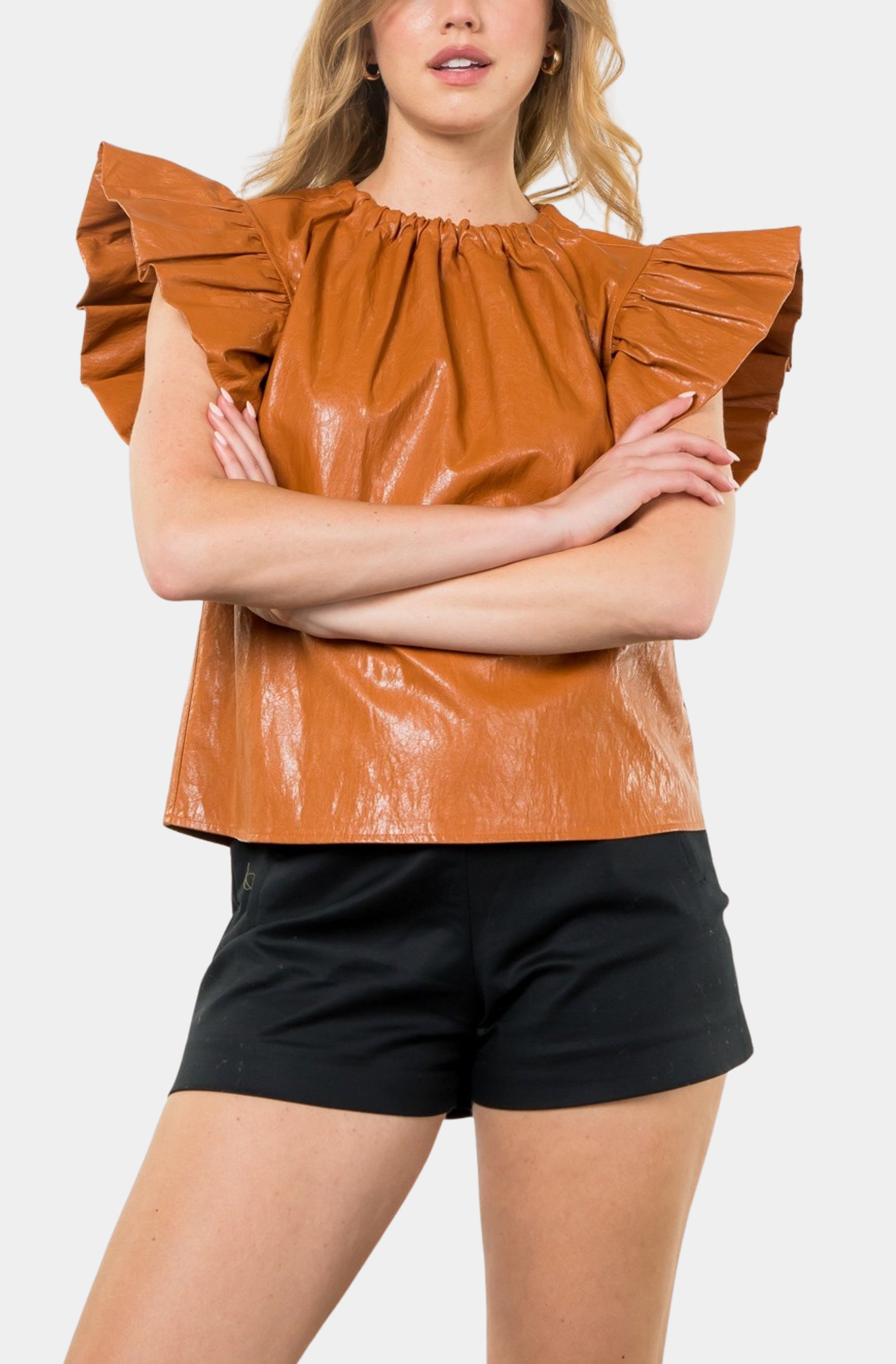 Ruffa Ruffle Sleeve Leather Top