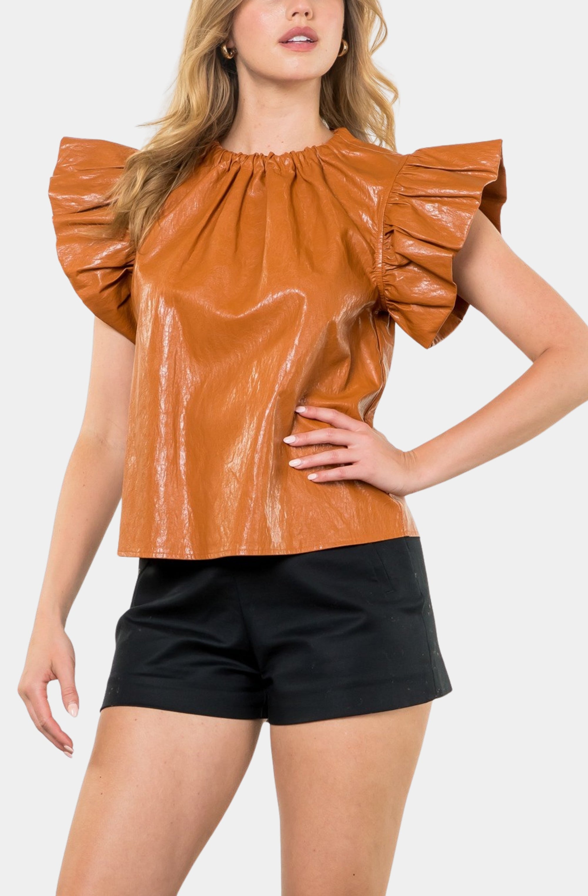 Ruffa Ruffle Sleeve Leather Top