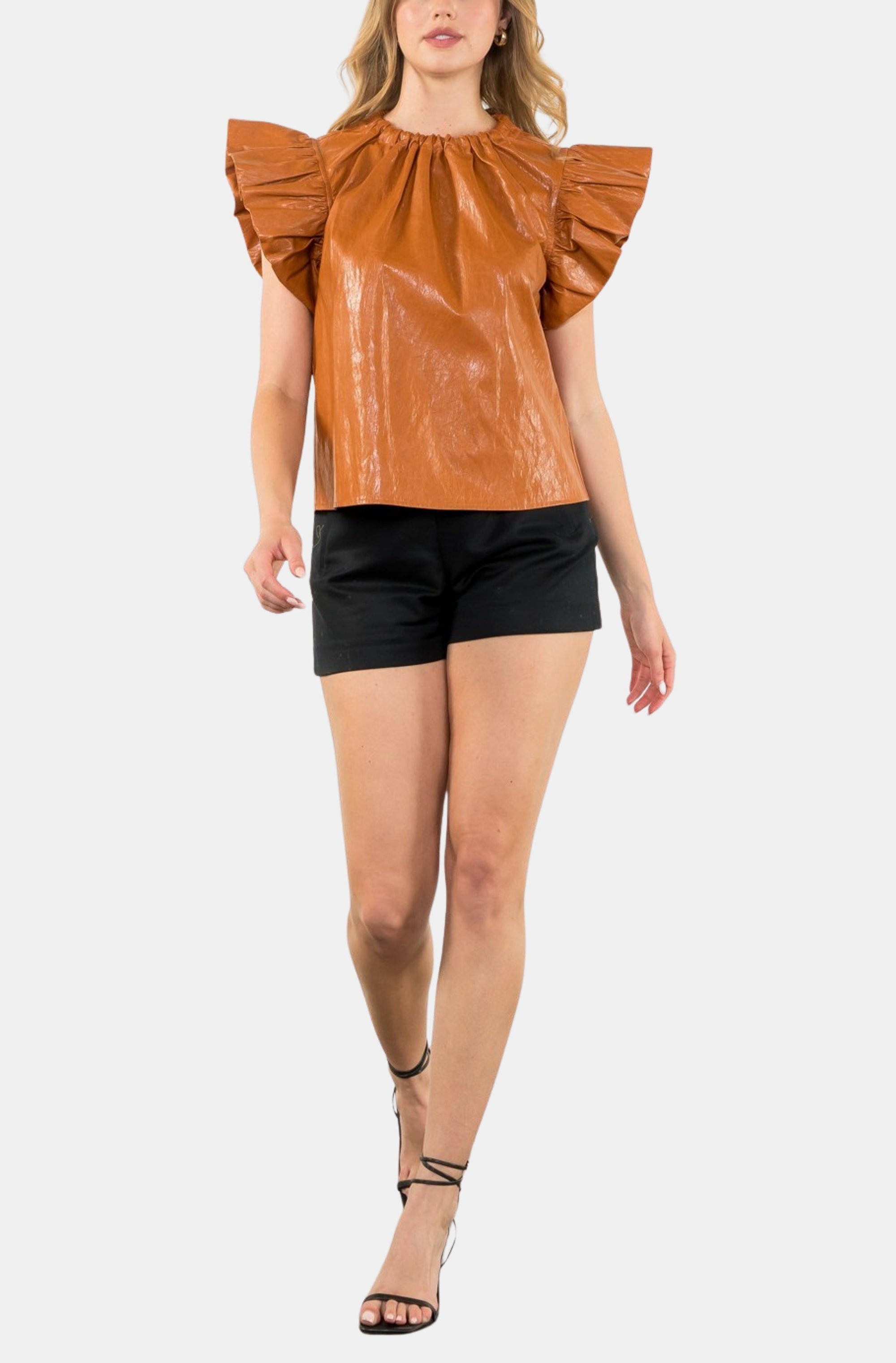 Ruffa Ruffle Sleeve Leather Top