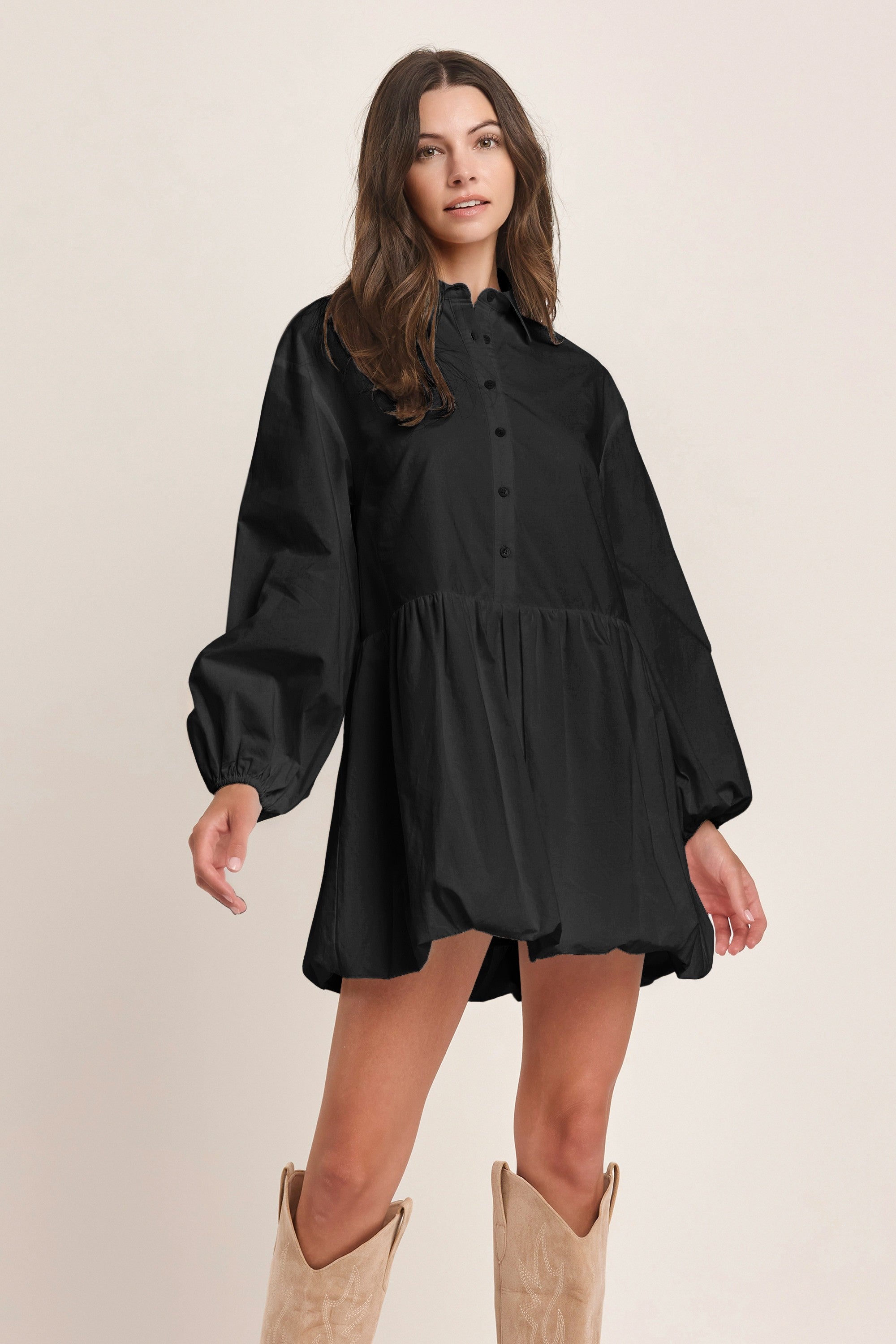 Balloon Bottom Detailed Shirt Mini Dress.