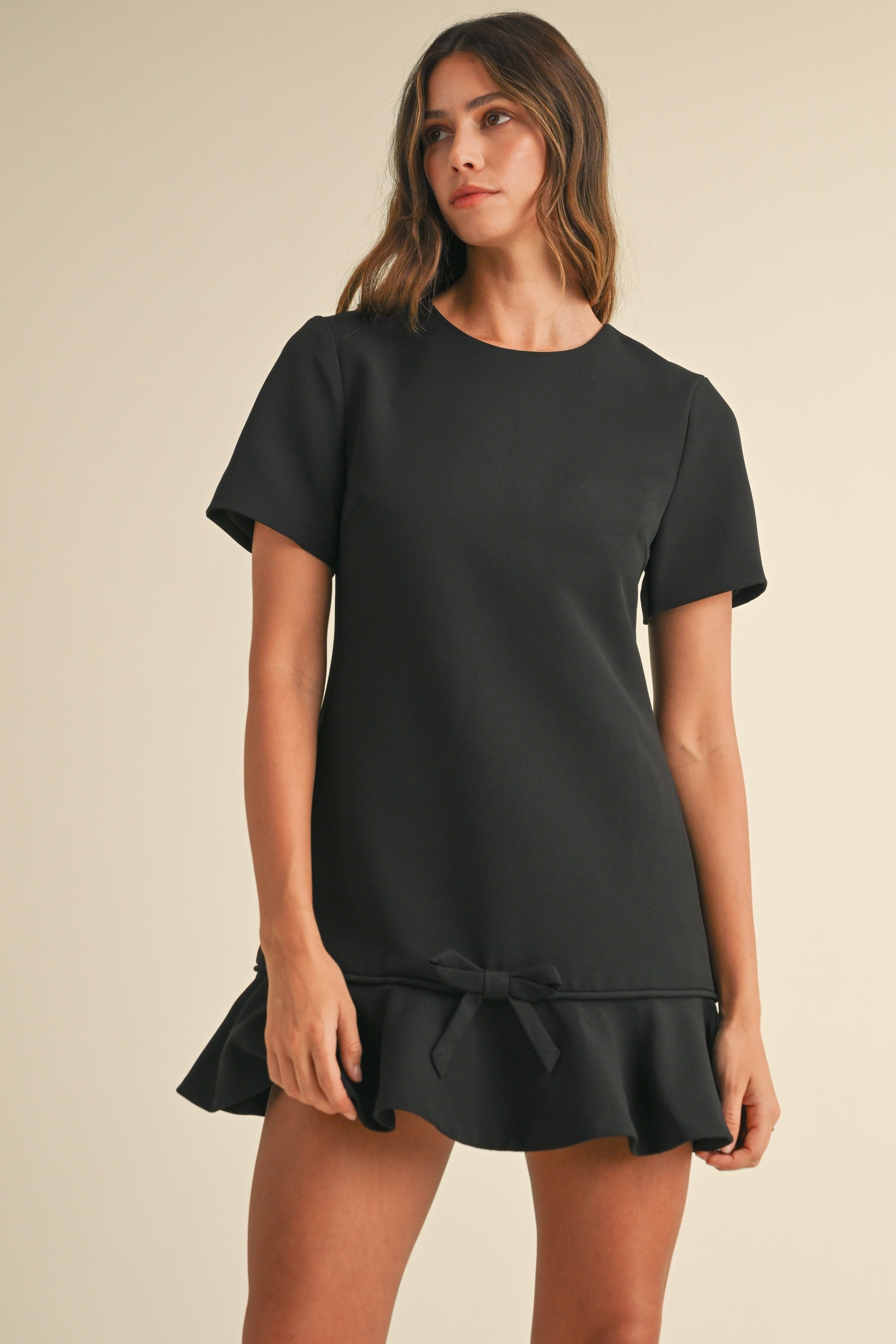 Bow Detail Ruffle Hem Crepe Mini Dress