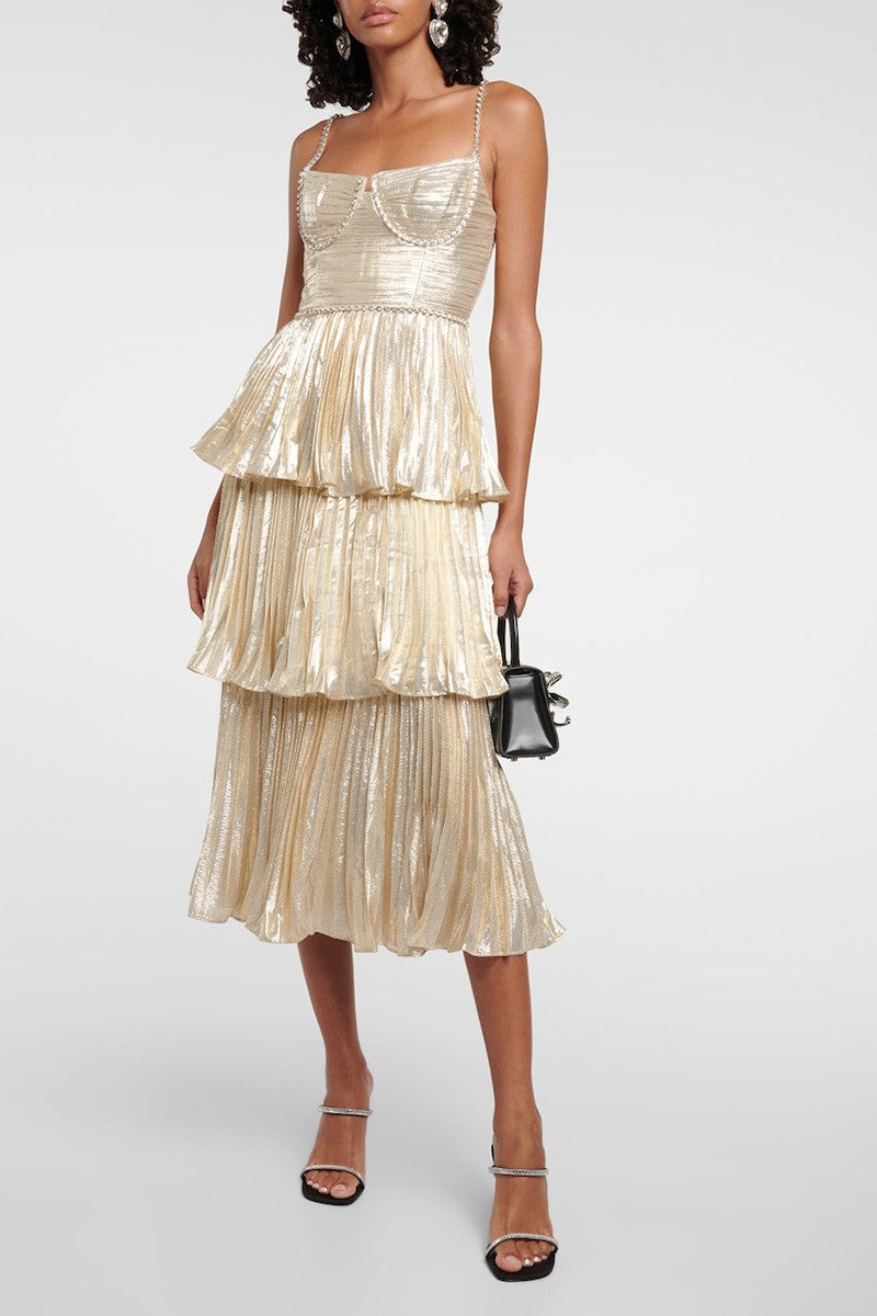 Metallic Tiered Pleated Dress