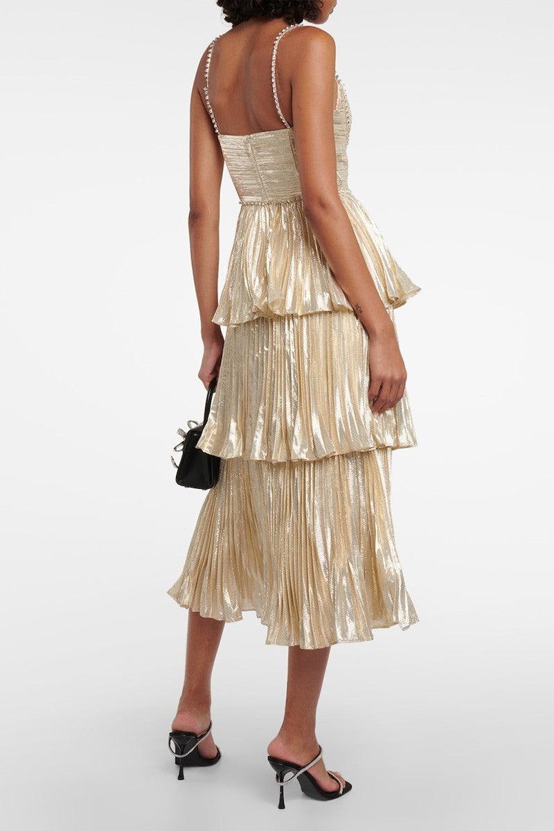 Metallic Tiered Pleated Dress